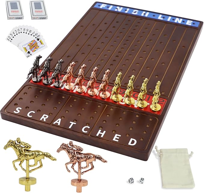 Metal Horse Race Board Game Racing Game Thickened Solid Wood with 11 Luxurious Durable Classic Metal Horses with 2 Dice and 2 Boxes of Cards Horse Racing Game (WalnutRectangle)