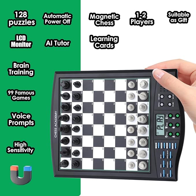Talking Chess Academy Electronic Chess Board Smart Chess Board with Voice Teaching System Computer Chess Game with Strong Magnetic Pieces 1-2 Player Electronic Chess Set - Simple Portable Travel