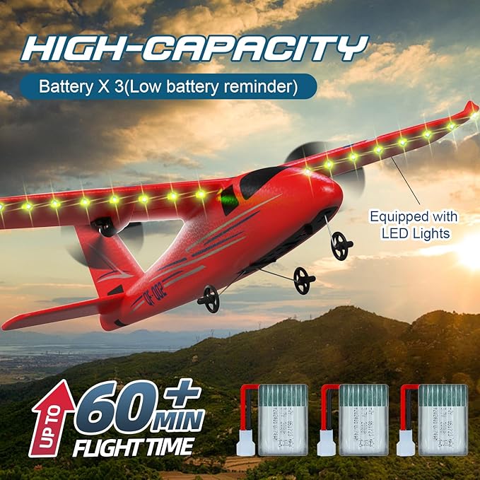 RC Airplane 2.4GHZ Remote Control Airplane 2CH RC Plane Hobby RC Airplanes Toy W/ 3 Batteries &amp Gyro Stabilizer Easy to Fly for Beginners Kids Boys Girls Adults (Red)