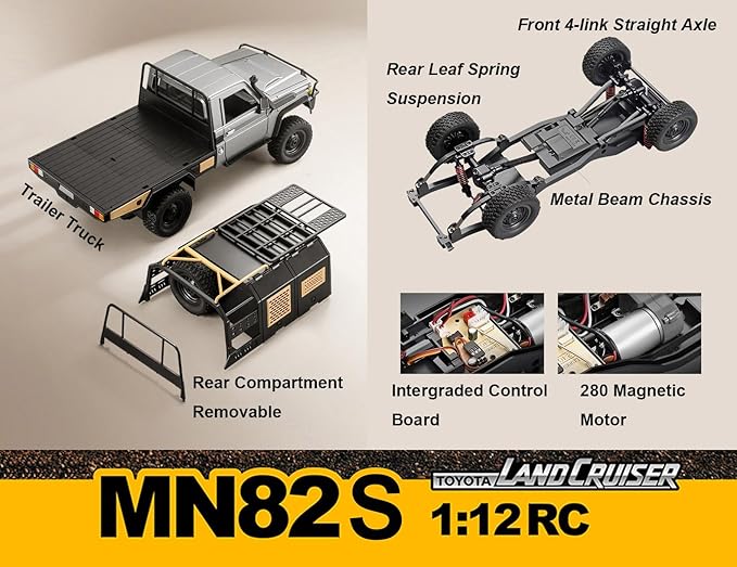 MN82S RC Rock Crawler 4x4 Remote Control Truck Off Road 1/12 RC Crawler Land Cruiser Hobby Car All Terrain Proportional Control 280 Motor 2 Speed Upgraded Chassis Adult 2 Batteries