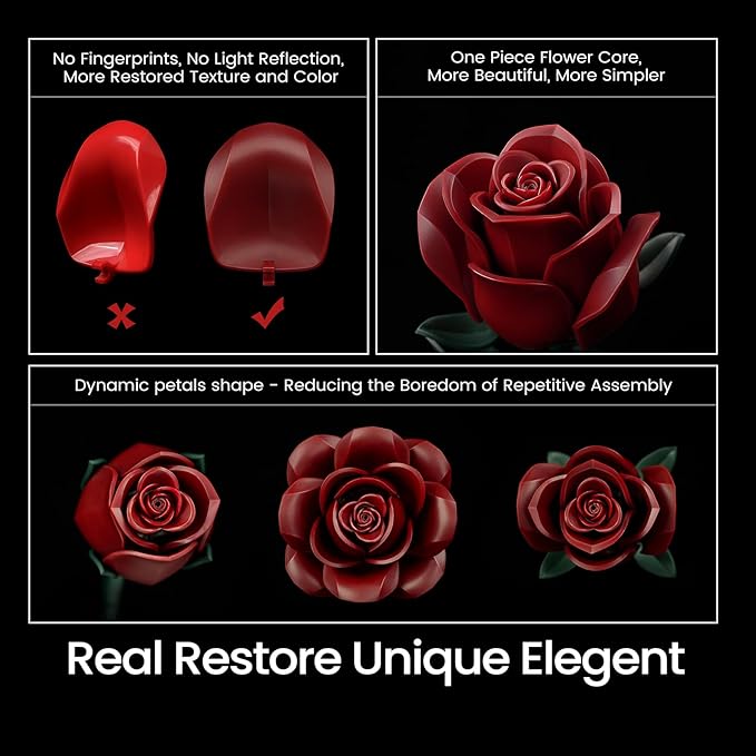 iATOM Burgundy Red Rose Bouquet Building Set 12Pcs Flower Botanical Collection Kit for Adult Valentine's Day Gift for Her/Girlfriend/Mom/Wife/Couple Vintage Home Office Table Centerpiece Decor