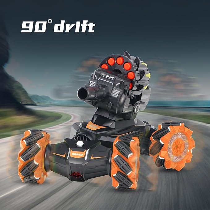 Rc Car Shoot SoftBulletFits for Nerf Remote Control Hand Gesture Stunt Drift Truck 360°Rotating Battle Tanks with Soft Bullets Water Bomb Spray Music Led Toy Gifts（Orange）