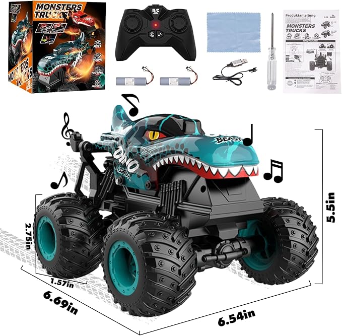 Gohero Monster Truck Toys 2.4Ghz Remote Control Monster Trucks for Boys Age 4-7 1:20 Dinosaur Toys with Light &amp MusicRC Truck with Stunt 360° Spin Walk Upright&amp Drift Dinosaur Toy for Ki