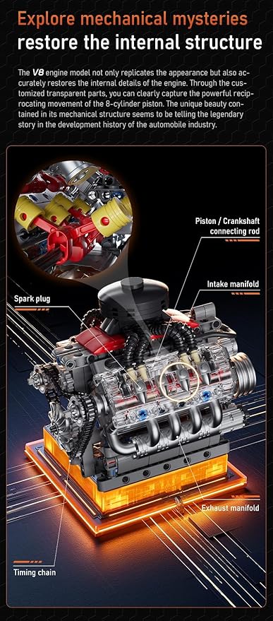 Sosuy V8 Engine Building-Blocks Sets Working Motor Model 487+PCS Mechanic Display Home Set for Collection Fans STEM Cars Toys for Boys Birthday Gitf for 8+ Kids Adults Men Girls
