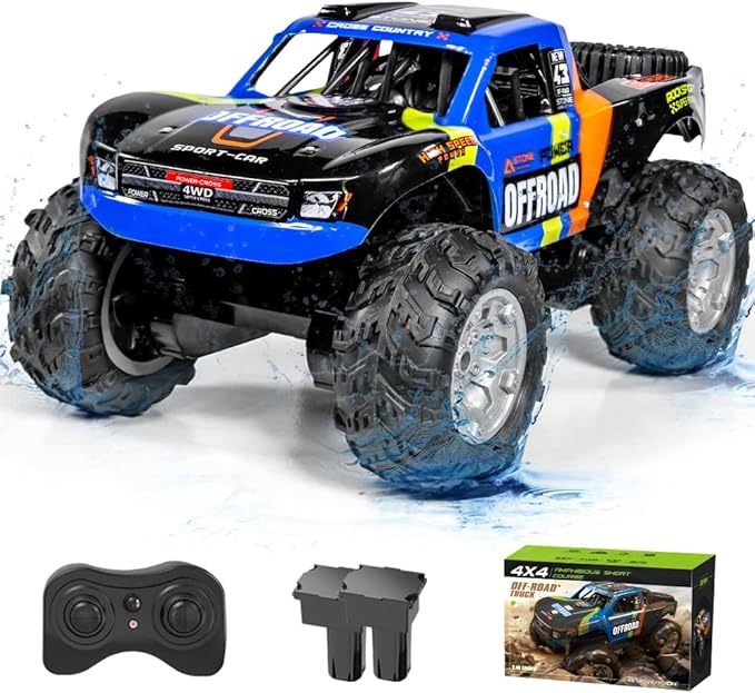 Waterproof RC Monster Truck Amphibious Remote Control Trucks 13In Big Off Road RC Cars for Kids 4WD 360° Rotation Two Rechargeable Batteries Gifts for Boys Girls Age 4-12 Pool Toys (Blue)