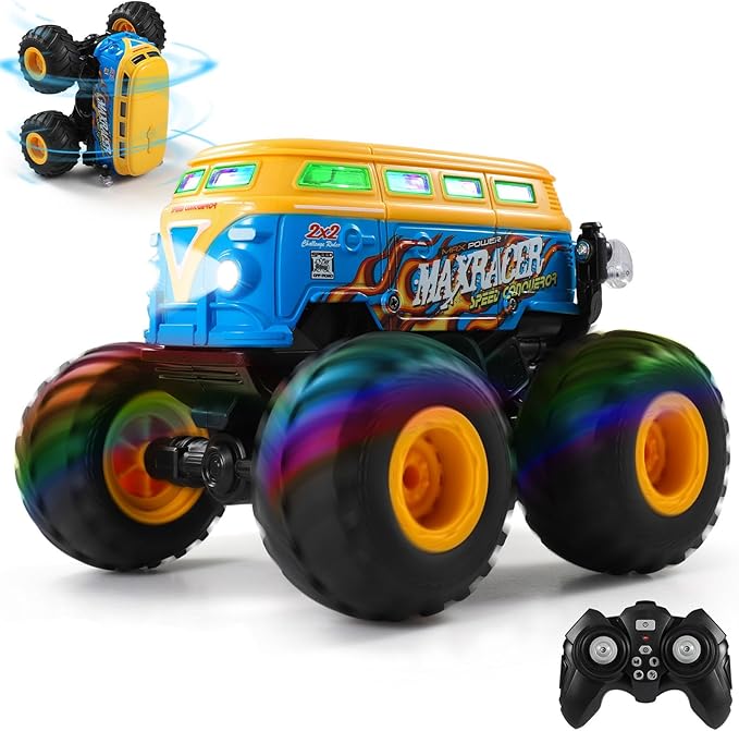 DYODYORC Remote Control Car 2.4Ghz All Terrain RC Monster Truck Toys with Spray Music 3 Lighting Effects 360 Stunt Capable All Included Ready to Run Toy Gifts for Boys and Girl (Yellow)