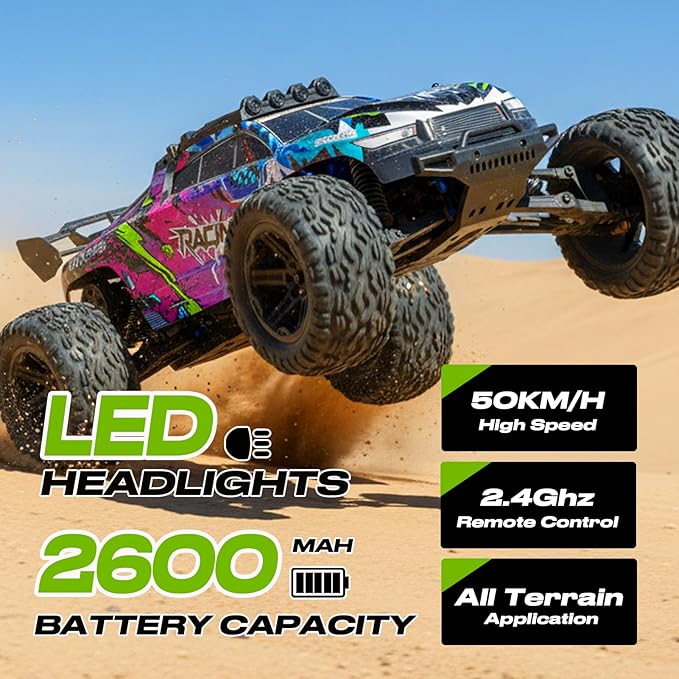 RC Car for Adults Boys 1:8 Scale 50KM/H High Speed Vehicle with 2.4 GHz Remote Control Waterproof Off-Road Monster Truck 2 Rechargeable 2600mAh Batteries Racing Car Toys