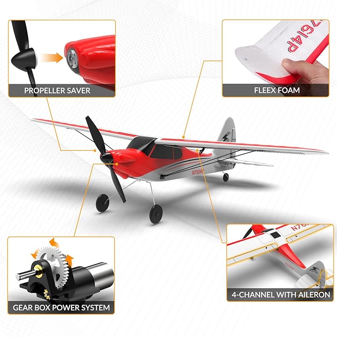 VOLANTEXRC RC Plane Trainer Sport Cub 4CH Remote Control Airplane with Prop Saver 6-Axis Gyro Stabilizer &amp 3 Modes to Fly Radio Controlled Aircraft RTF for Beginners &amp Adults (500mmRed)