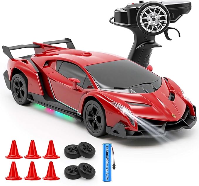 QUN XING Remote Control Car 1:24 Officially Licensed Lambo veneno RC Drift Car with LED Lights 2.4GHz 4WD 15KM/H Fast Speed Control Rechargeable Battery 800mah Birthday for Kids Boys 8-12red