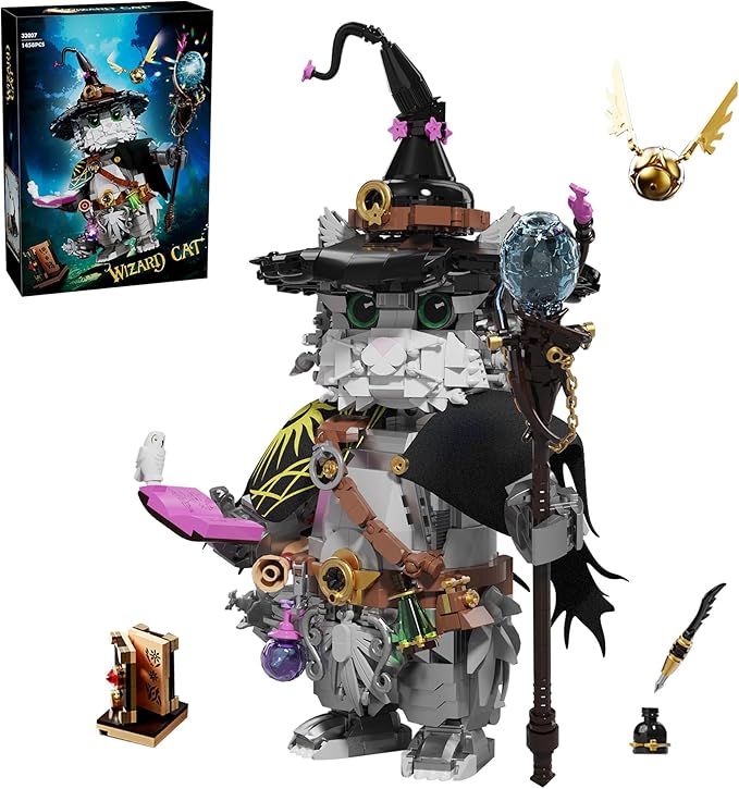 Magic School Wizard Cat Building Set 1458 Pieces Sorcerer Kitten Model Kit with Magic Staff Flying Golden Ball &amp Owl Fantasy Animal Construction Toy Witchy Home Decor Gift for Adults &amp Teens