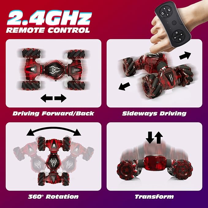 Tecnock Remote Control Car for Boys Girls 2.4GHz 4WD Gesture Sensing RC Stunt Car Toys - 360° Rotating Double Sided Hand Controlled RC Cars with LED Lights Gifts for Kids Ages 6-8 8-12