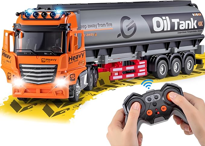 9 Channel RC Semi Truck with Trailer Metal Cab 2.4Ghz Remote Control Oil Tanker Truck with Lights and Sounds Birthday Gift for Kids Boys 14.6