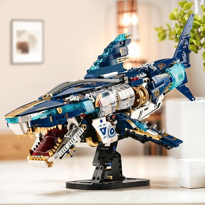 BNG Mechanical Shark Building Sets for AdultOcean Animal Building Block with Display Stand and Light Sea Fish Collection STEM ToyHome Office Decor and Idea Gift for Teen Boys 8-14 (1277PCS)