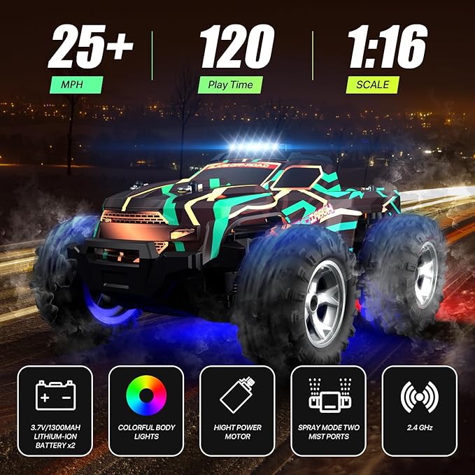 Remote Control Car for Boys 1:16 Scale All Terrain RC CarsHigh Speed 25Km/h Fast Car with Colorful Led Light and Spray RC TruckToy Car Gift for 6 7 8 9-14 Year Old Boys