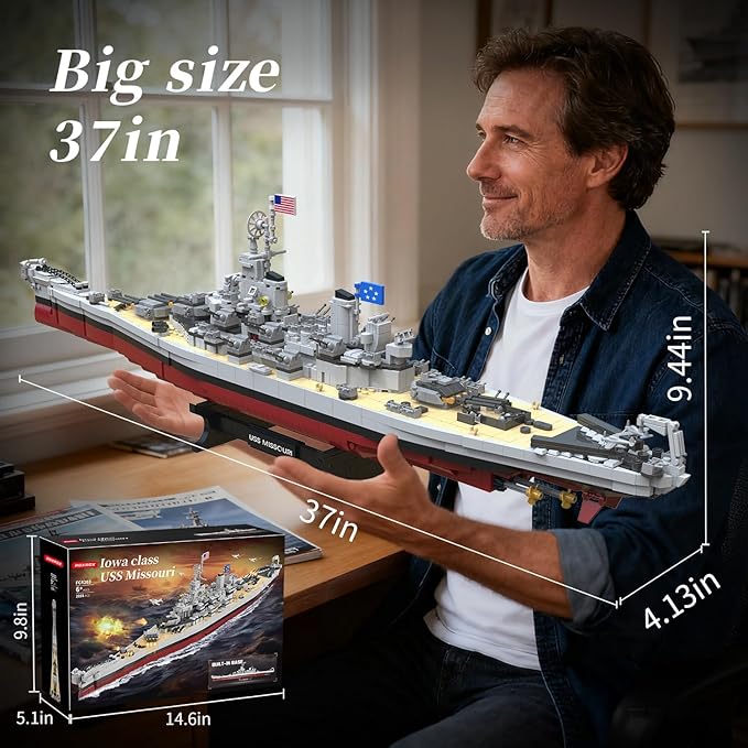Military Series World War II Battleship Building Kit 2228 Pieces USS Missouri Compatible with Lego Military Army Set for Adults WW2 Toy Gift Boat Building Block for Teens Age 14+ Model Home Decor