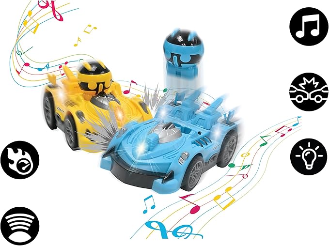 LEXiBOOK Crosslander® RC Bumper Set of 2 Radio-Controlled Racer Bumper Cars up to 12 km/h (7mph) 2 Removable Characters Sound and Light Effects Yellow/Blue RC2