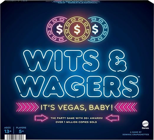 Mattel Games Wits &amp Wagers Board Game Vegas Edition Party Game with Dry Erase Boards Markers &amp Poker Chips for 5+ Players