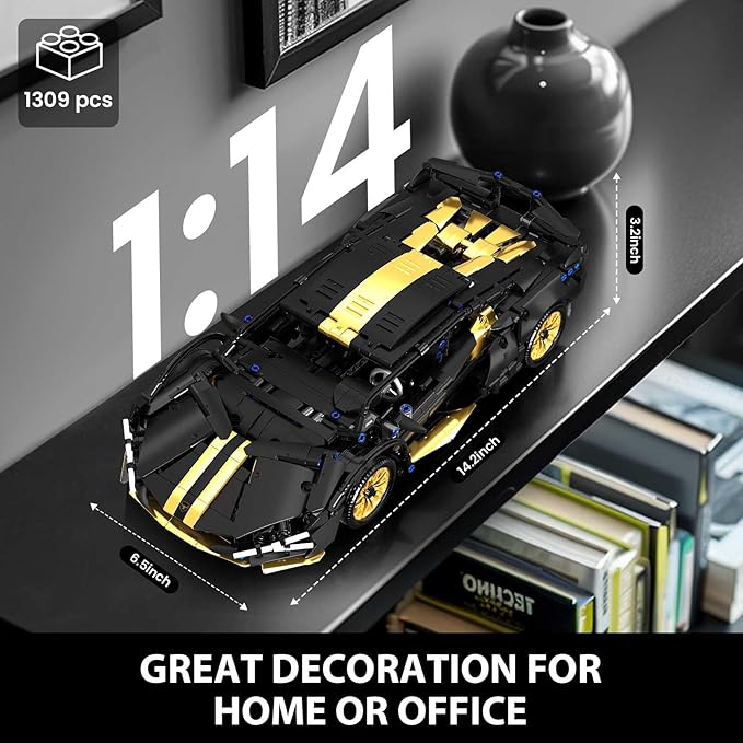 GEVINST Collectible Sports Race Cars Building Set with LED Lights Model Car Kits for Boys 8-12 and up Adults 1:14 Scale Black Gold Supercar Gifts (1309 PCS)