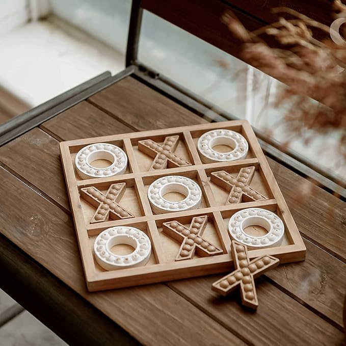 NIKKY HOME Tic Tac Toe Game Coffee Table Decor 10.6 Inch Rustic Wooden Board Wood &amp White