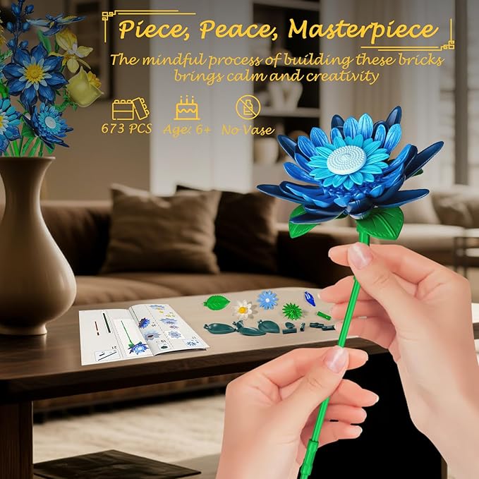 Glacia Daisy Flower Bouquet Building Kit Art-Inspired Ice Blue Floral Arrangement with Premium Blocks Eternal DIY Flower Decor for Home for Christmas Day Building Set for Adults &amp Kids