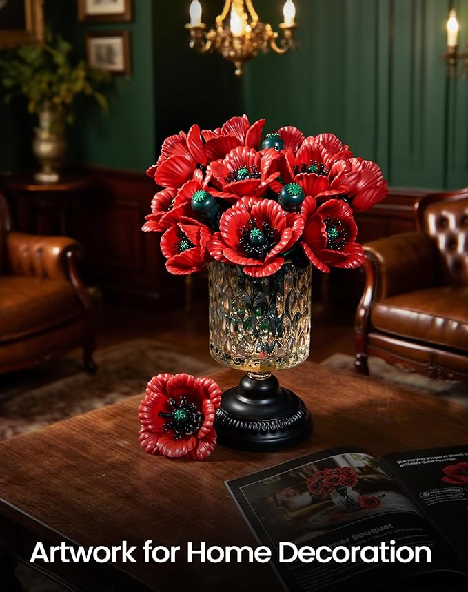 iATOM Red Poppy Flower Bouquet Building Set 12Pcs Artificial Botanical Collection for Adults - Gift for Valentine's Day for Her/Mom/Girlfriend/Wife/Couple Home Table Centerpiece Decor Aesthetic