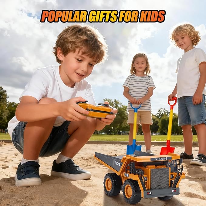 HuiJuKeJi Remote Control Dump Truck - 360° Rotating Metal Bed 9-Channel RC Construction Toy for Indoor Outdoor Play Rechargeable with Lights &amp Sounds for Kids Ages 6+