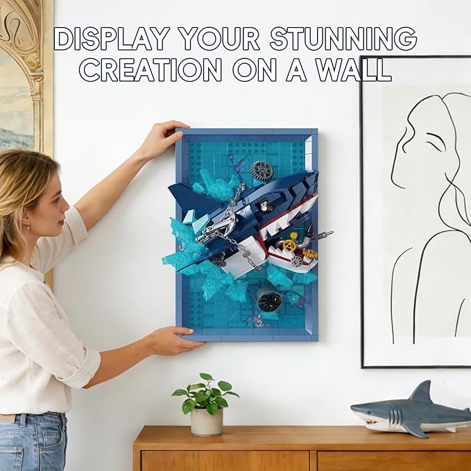 Shark Photo Frame Building Blocks Set 3D Wall Decor Bricks Kit Unique Home Wall Decor or Table DisplayIdeal Gift Toy for Adults &amp Teens.
