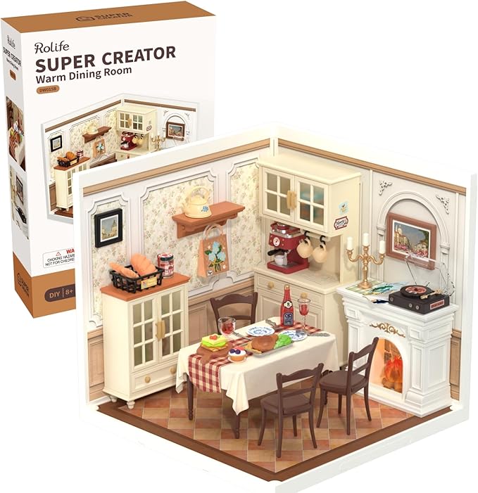 Rolife Super Creator-DIY Plastic Miniature House for Adults Mini Blocks Model Kit Building Set for Teens 8-12 DIY Crafts/Hobbies/Building Blocks Toys for Teens&ampAdults (Warm Dining Room)