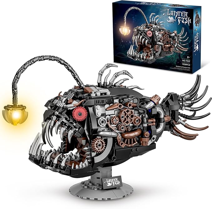 Mechanical Angler Fish Building Set with Light Creative Ocean Lantern Fish Animal Toy for Home Office Decor Compatible with Lego Shark STEM Gift for Adults Teens Boys 8-14+ (1038 PCS)