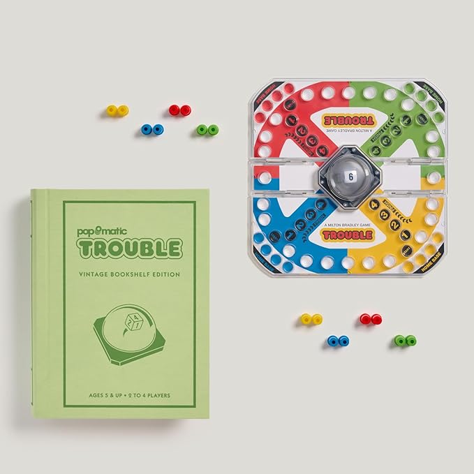 WS Game Company Trouble Vintage Bookshelf Edition Linen Wrapped Book Box &amp Slipcase Pop-O-Matic Die Roller Classic Board Games for Kids &amp Adults Ages 5+
