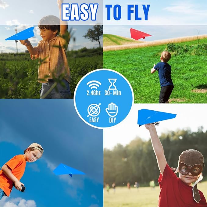 HAWK'S WORK RC Paper Plane Remote Control Airplane Kit with Colored Papers Super Easy Fly Toy for Kids DIY STEM KIT (Birdy X 2.0)