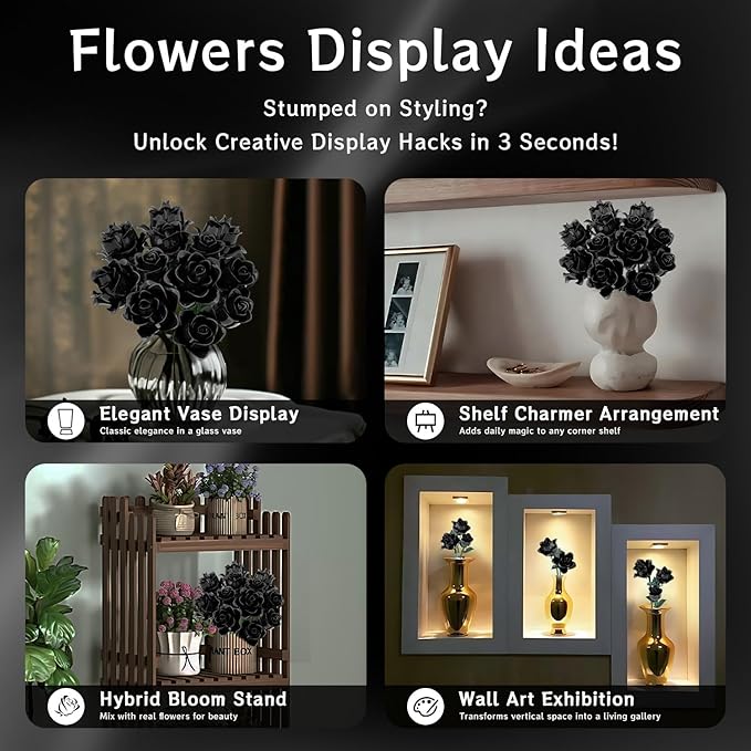 Black Roses Bouquet Building Set Artificial Flowers Botanical Collection Building Block for Adults Gothic Home Decor for Women Girls Compatible with Lego Flowers 585 PCS