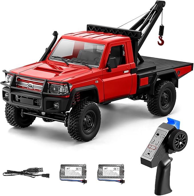 MN-82T RC Rock Crawler 1:12 Scale 4WD Upgraded RC Truck with Crane Hook 2.4Ghz Off Road Toy Pickup Truck with Lights All Terrain Wrecker Vehicle for Teen Adults (Red)