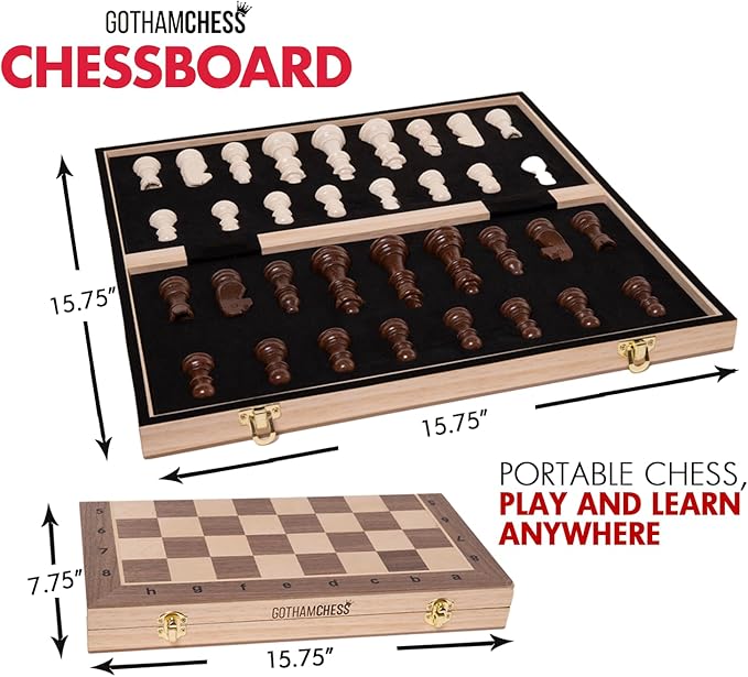 GothamChess Board | Foldable &amp Portable Magnetic Chess Pieces Organized Fitted Storage Includes Course by International Master Levy Rozman Game for Families &amp Adults | 15.75 x 15.75
