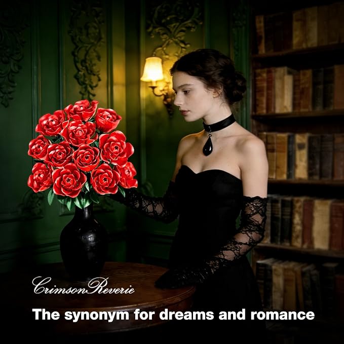 Rose Rotating Everlasting Flower Building Set (866PCS) Compatible Artificial Bouquet Elegant Home/Office Decor Accent for Tabletop Display Long-Lasting Home Decoration (Red)