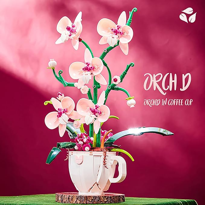 Pink Orchid Flower Building Set for Adults Coffee Cup Orchid Botanical Collection Plant Building Kit Home and Office Decor Gift for Christmas Day Valentines Birthday 567pcs