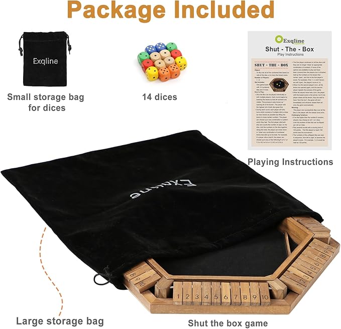 Exqline Shut The Box Game for 2-6 Players Wooden Board Table Math Game with 14 Dice 6 Way Classic Puzzle Board Games for Home Classroom or Pub
