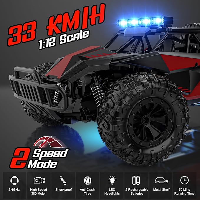 BLUEJAY Remote Control Car 2.4GHz High Speed 33KM/H RC Cars Toys 1:12 Monster RC Truck Off Road with LED Headlight and Rechargeable Battery Gifts for Adults Boys 8-12