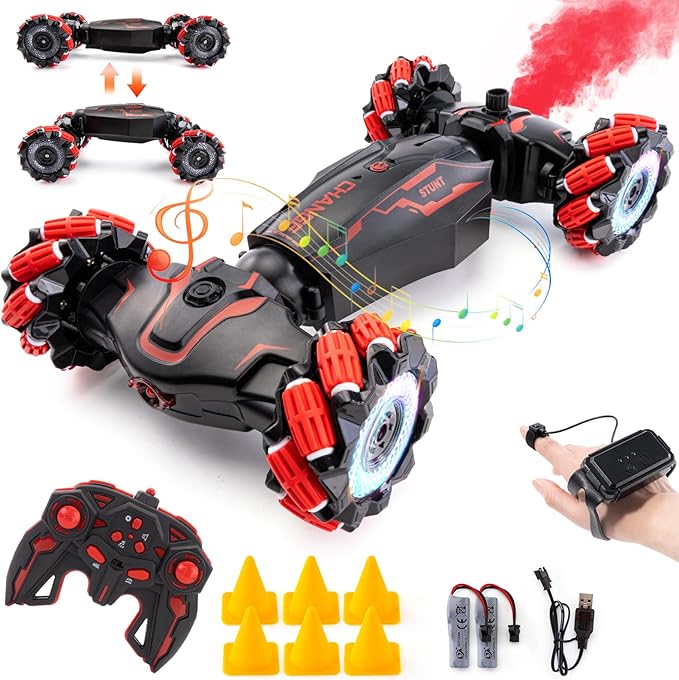 Gesture Sensing RC Stunt Car 2.4 GHz 4WD Remote Control Car 360° Rotate Transform Off-Road Drift RC Cars with Cool Lights Music Ideal Presents for Boys Girls for Birthday (Red)