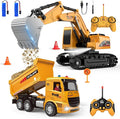 Remote Control Excavator and Dump Truck Toy Set - RC Construction Vehicles Toy with Barricades Road Signs Simulated Rocks Lights and Sounds Birthday Gifts for Toddlers 3-12 year Boys Girls