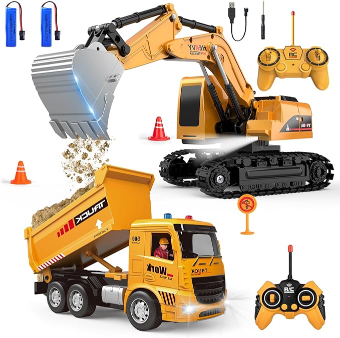Remote Control Excavator and Dump Truck Toy Set - RC Construction Vehicles Toy with Barricades Road Signs Simulated Rocks Lights and Sounds Birthday Gifts for Toddlers 3-12 year Boys Girls