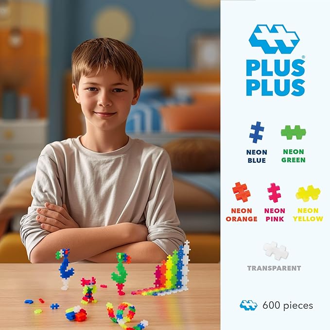 PLUS PLUS 600 Piece Interlocking Building Blocks for Kids Open Ended Connecting Toys STEM Bin Classroom Mini Manipulatives Play Tube - Neon Color Mix
