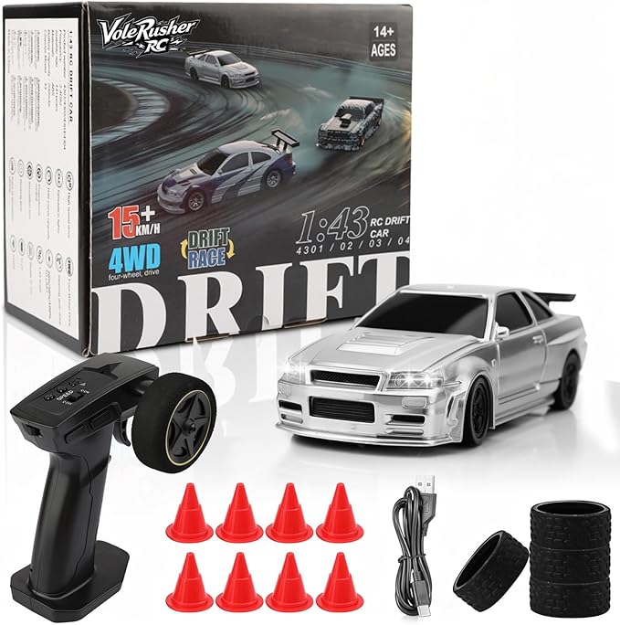[4WD Edition 1/43 Scale Mini RC Drift Car Toys for Age 8-14 Old Birthday Gifts High Speed Racing Micro Small with Full Proportional RTR 2.4GHz Remote 2 Tire Sets 8 Cones - Silver