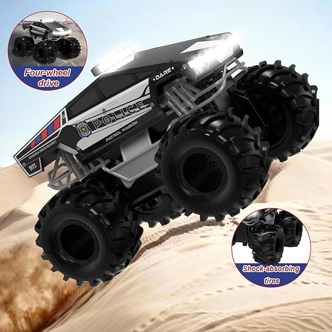 Police Remote Control Car 1:18 Cyber Truck Remote Control Car 2.4 GHz Waterproof Amphibious RC Cars 4WD All Terrain Off-Road Pickup 360° Rotatable Monster Truck Toys for Boys RC Cars Ages 6+