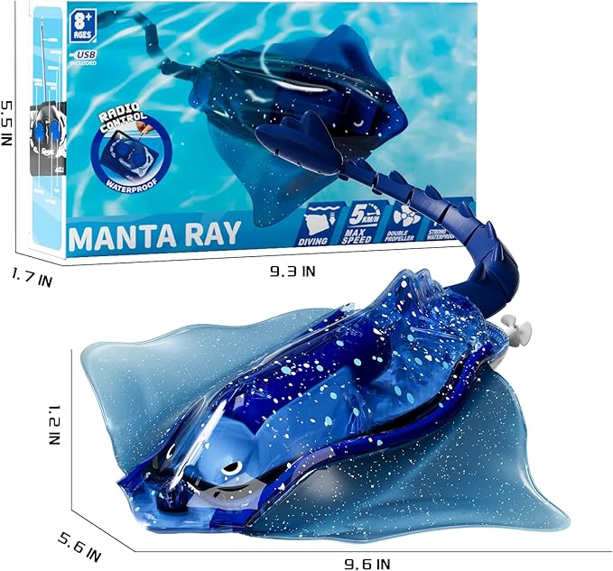 Remote Control Shark Toys for Boys Kids 1:18 Scale High Simulation Manta Ray for Pool Electric RC Shark Stingray Fish Pool Outdoor Toys with Light &amp Diving Function for 5 6 7 8 9 Year olds Kids