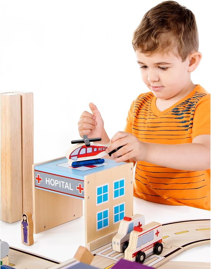 Guidecraft Community Buildings: Set of 6 Wooden Block Play Buildings (Fire Station Police Department Hospital School Grocery Store &amp Service Station)