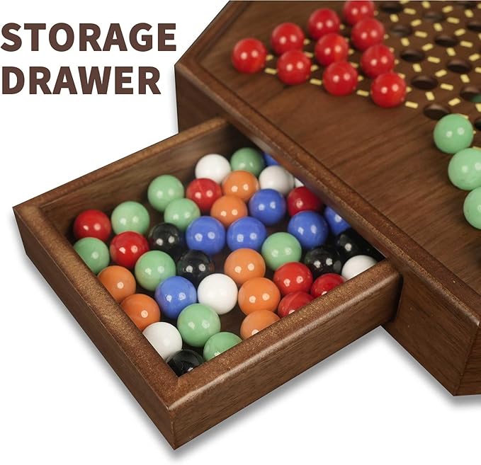 Chinese Checkers Board Game - 15” Large Wooden Checkers Game with Storage Drawer 16mm Glass Marbles (60 + 12 Extras) Classic Family Strategy Game for 2-6 Players