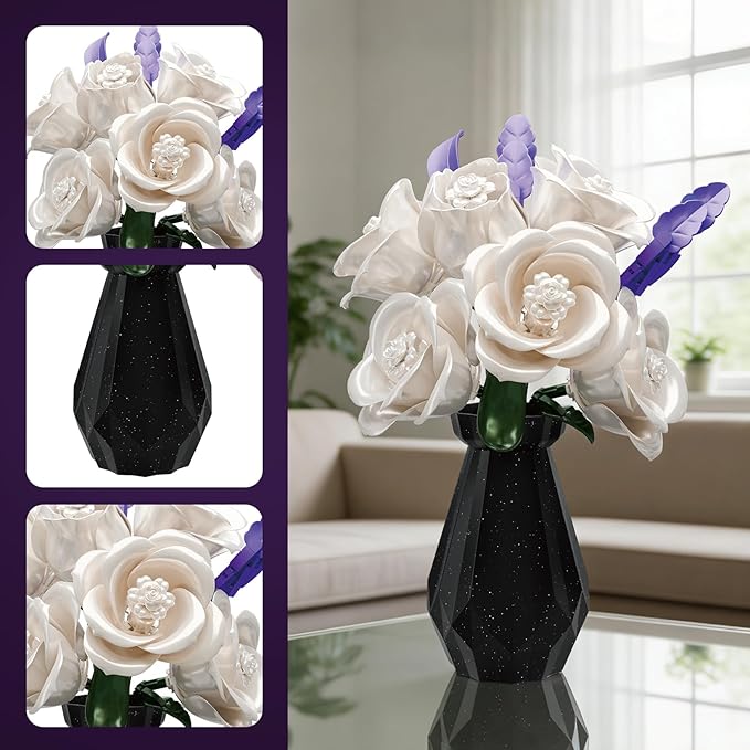 White Roses Flowers Bouquet Building Set with Vase 256 Pcs Artificial Botanical Collection with Purple Accents Floral Centerpiece Home Decor Gift for Adults