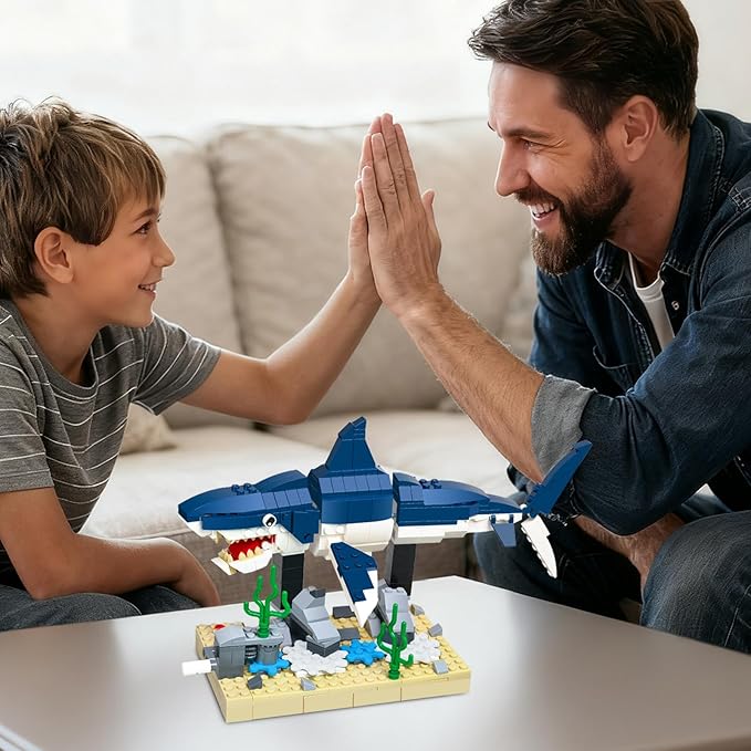 Shark Building Block Set with Rotating Display Stand Swimming Ocean Animal Model Compatible with Lego 630 Accessory Creative Home Decor Easter Birthday Gift for Adults Teens Kids 4+ 369Pcs