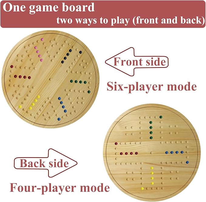 HOROW Wahoo Board Game - 20 Inch Solid Wood Board with 24 Natural Gemstone Marbles &amp 6 DiceDouble-Sided for 4 and 6 Players - Perfect for Family Game Nights and Parties